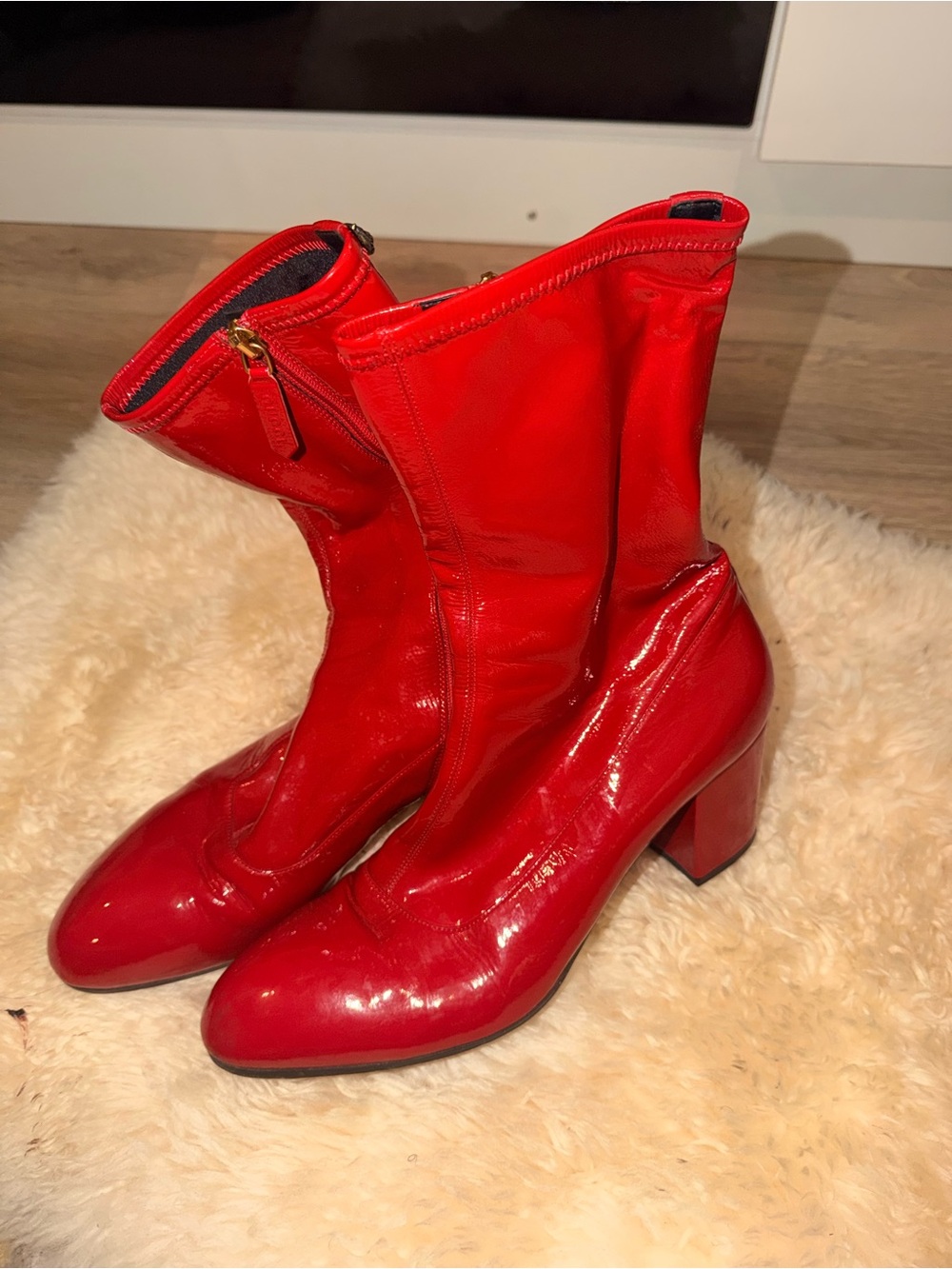 Gucci Red Patent Mid-Calf Block Heel Boots - Women